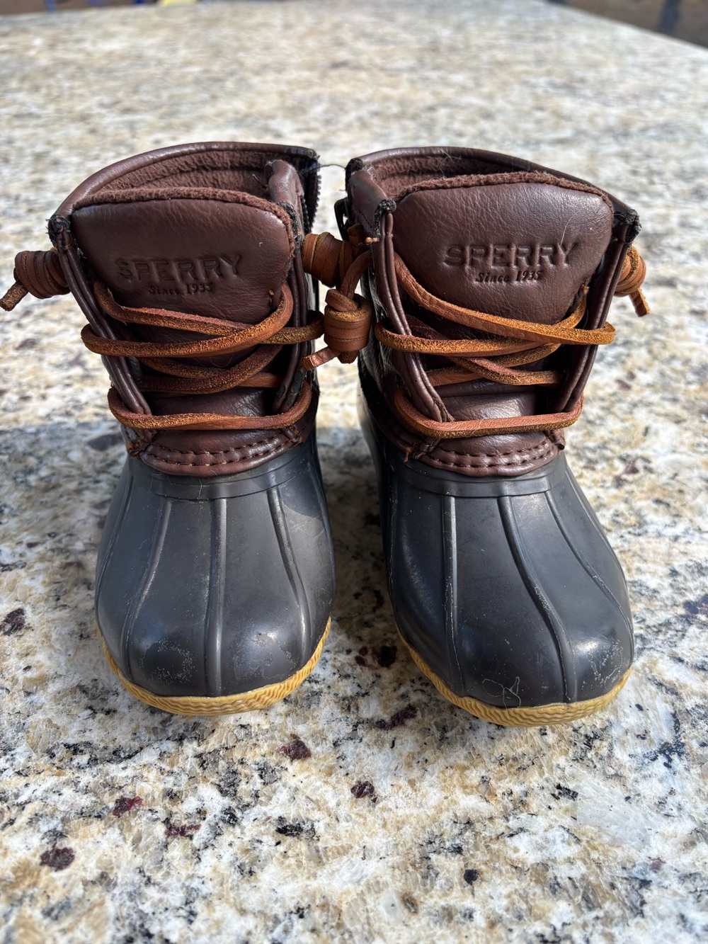 Sperry Kids Brown Leather & Black Rubber Duck Boots with Tan Soles
